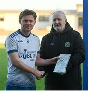 1 March 2022; Conor Levingston of TU Dublin is presented with the player of the match award after the CUFL Men's Premier Division Final match between TU Dublin and University of Limerick at Athlone Town Stadium in Athlone, Westmeath. Photo by Ramsey Cardy/Sportsfile
