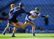 6 March 2022; Linda Sullivan of St Rynagh's in action against Claire Murray of Salthill Knocknacarra during the 2021 AIB All-Ireland Intermediate Camogie Club Championship Final match between Salthill Knocknacarra, Galway, and St Rynagh's, Offaly, at Croke Park in Dublin. Photo by Piaras Ó Mídheach/Sportsfile
