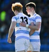 6 March 2022; Oliver Coffey of Blackrock College with teammate Hugh Cooney after he scored their side's sixth try during the Bank of Ireland Leinster Schools Senior Cup 2nd Round match between Blackrock College and Terenure College at Energia Park in Dublin. Photo by Daire Brennan/Sportsfile