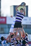 6 March 2022; Oisín Shannon of Terenure College wins the ball in a lineout ahead of Alex Mullan of Blackrock College during the Bank of Ireland Leinster Schools Senior Cup 2nd Round match between Blackrock College and Terenure College at Energia Park in Dublin. Photo by Daire Brennan/Sportsfile