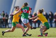 6 March 2022; Shauna Howley of Mayo shoots to score her side's second goal despite the efforts of the Donegal defence during the Lidl Ladies Football National League Division Division 1A, Round 3 match between Mayo and Donegal at Connacht GAA Centre of Excellence in Bekan, Mayo. Photo by Sam Barnes/Sportsfile