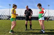 6 March 2022;  Referee Shane Curley makes the toss with captains Niamh McLaughlin of Donegal and Kathryn Sullivan of Mayo before the Lidl Ladies Football National League Division Division 1A, Round 3 match between Mayo and Donegal at Connacht GAA Centre of Excellence in Bekan, Mayo. Photo by Sam Barnes/Sportsfile
