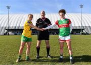 6 March 2022;  Referee Shane Curley with captains Niamh McLaughlin of Donegal and Kathryn Sullivan of Mayo before the Lidl Ladies Football National League Division Division 1A, Round 3 match between Mayo and Donegal at Connacht GAA Centre of Excellence in Bekan, Mayo. Photo by Sam Barnes/Sportsfile