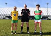 6 March 2022;  Referee Shane Curley with captains Niamh McLaughlin of Donegal and Kathryn Sullivan of Mayo before the Lidl Ladies Football National League Division Division 1A, Round 3 match between Mayo and Donegal at Connacht GAA Centre of Excellence in Bekan, Mayo. Photo by Sam Barnes/Sportsfile