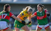 6 March 2022; Codie Walsh of Donegal in action against Saoirse Lally, left, and Danielle Caldwell of Mayo during the Lidl Ladies Football National League Division Division 1A, Round 3 match between Mayo and Donegal at Connacht GAA Centre of Excellence in Bekan, Mayo. Photo by Sam Barnes/Sportsfile