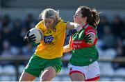 6 March 2022; Codie Walsh of Donegal in action against Roisin Flynn of Mayo during the Lidl Ladies Football National League Division Division 1A, Round 3 match between Mayo and Donegal at Connacht GAA Centre of Excellence in Bekan, Mayo. Photo by Sam Barnes/Sportsfile