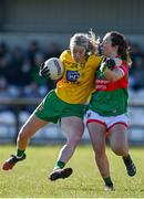 6 March 2022; Codie Walsh of Donegal in action against Roisin Flynn of Mayo during the Lidl Ladies Football National League Division Division 1A, Round 3 match between Mayo and Donegal at Connacht GAA Centre of Excellence in Bekan, Mayo. Photo by Sam Barnes/Sportsfile