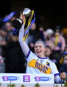 6 March 2022; St Rynagh's captain Gráinne Dolan lifts the Agnes O'Farrelly cup after the 2021 AIB All-Ireland Intermediate Camogie Club Championship Final match between Salthill Knocknacarra, Galway and St Rynagh's, Offaly at Croke Park in Dublin. Photo by Piaras Ó Mídheach/Sportsfile