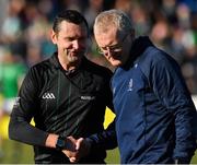 6 March 2022; Clare manager Brian Lohan, who was shown a yellow card in the final moments of the game, shakes hands with referee Patrick Murphy after the Allianz Hurling League Division 1 Group A match between Clare and Limerick at Cusack Park in Ennis, Clare. Photo by Ray McManus/Sportsfile