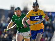 6 March 2022; Cathal Malone of Clare in action against William O’Donoghue of Limerick during the Allianz Hurling League Division 1 Group A match between Clare and Limerick at Cusack Park in Ennis, Clare. Photo by Ray McManus/Sportsfile