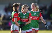 6 March 2022; Mayo players from left, Saoirse Lally, Sarah Mulvihill and Ciara Needham celebrate after their victory in the Lidl Ladies Football National League Division Division 1A, Round 3 match between Mayo and Donegal at Connacht GAA Centre of Excellence in Bekan, Mayo. Photo by Sam Barnes/Sportsfile