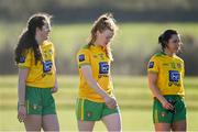 6 March 2022; Donegal players, from left, Niamh Boyle, Evelyn McGinley and Shelly Twohig dejected after their defeat in the Lidl Ladies Football National League Division Division 1A, Round 3 match between Mayo and Donegal at Connacht GAA Centre of Excellence in Bekan, Mayo. Photo by Sam Barnes/Sportsfile
