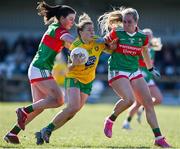6 March 2022; Niamh McLaughlin of Donegal in action against Aoife Geraghty, left, and Ciara Needham of Mayo during the Lidl Ladies Football National League Division Division 1A, Round 3 match between Mayo and Donegal at Connacht GAA Centre of Excellence in Bekan, Mayo. Photo by Sam Barnes/Sportsfile