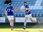 6 March 2022; Paddy Purcell of Laois, right, celebrates after scoring his side's first goal with teammate Mark Dowling during the Allianz Hurling League Division 1 Group B match between Laois and Antrim at MW Hire O'Moore Park in Portlaoise, Laois. Photo by Michael P Ryan/Sportsfile