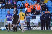 6 March 2022; Jack Kelly of Laois is shown a red card by referee Shane Hynes during the Allianz Hurling League Division 1 Group B match between Laois and Antrim at MW Hire O'Moore Park in Portlaoise, Laois. Photo by Michael P Ryan/Sportsfile