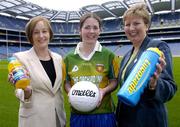 19 April 2004; Jocelyn Emerson, left, Head of Mutritionals Marketing GlaxoSmithKline, Nadine Doherty, centre, Donegal, and Geraldine Giles, President of the Ladies Football Association, at the announcment of a major sponsorship deal with Lucozade and Cumann Peil Gael na mBan in Croke Park today. Lucozade Sport is now the official drink of Ladies Gaelic Football. Croke Park, Dublin. Picture credit; David Maher / SPORTSFILE *EDI*