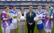 19 April 2004; At the announcment of a major sponsorship deal with Lucozade and Cumann Peil Gael na mBan in Croke Park today are Laois players, l to r, Ciara O'Loughlin, Emer O'Loughlin, Jocelyn Emerson, Head of Mutritionals Marketing GlaxoSmithKline, Geraldine Giles, President of the Ladies Football Association, Mary Kirwin and Sue Ramsbottom. Lucozade Sport is now the official drink of Ladies Gaelic Football. Croke Park, Dublin. Picture credit; David Maher / SPORTSFILE *EDI*
