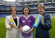 19 April 2004; At the announcment of a major sponsorship deal with Lucozade and Cumann Peil Gael na mBan in Croke Park today are, l to r, Jocelyn Emerson, Head of Mutritionals Marketing GlaxoSmithKline, Mary Beades, Roscommon, and Geraldine Giles, President of the Ladies Football Association. Lucozade Sport is now the official drink of Ladies Gaelic Football. Croke Park, Dublin. Picture credit; David Maher / SPORTSFILE *EDI*
