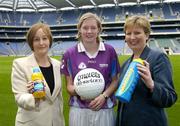 19 April 2004; At the announcment of a major sponsorship deal with Lucozade and Cumann Peil Gael na mBan in Croke Park today are, l to r, Jocelyn Emerson, Head of Mutritionals Marketing GlaxoSmithKline, Lisa Loohill, Galway and Geraldine Giles, President of the Ladies Football Association. Lucozade Sport is now the official drink of Ladies Gaelic Football. Croke Park, Dublin. Picture credit; David Maher / SPORTSFILE *EDI*