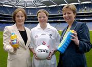 19 April 2004; Jocelyn Emerson, left, Head of Mutritionals Marketing GlaxoSmithKline, Treacy Noone, centre, Kildare and Geraldine Giles, President of the Ladies Football Association, at the announcment of a major sponsorship deal with Lucozade and Cumann Peil Gael na mBan in Croke Park today. Lucozade Sport is now the official drink of Ladies Gaelic Football. Croke Park, Dublin. Picture credit; David Maher / SPORTSFILE *EDI*