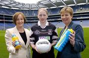19 April 2004; Jocelyn Emerson, left, Head of Mutritionals Marketing GlaxoSmithKline, Stephanie O'Reilly, centre, Sligo and Geraldine Giles, President of the Ladies Football Association, at the announcment of a major sponsorship deal with Lucozade and Cumann Peil Gael na mBan in Croke Park today. Lucozade Sport is now the official drink of Ladies Gaelic Football. Croke Park, Dublin. Picture credit; David Maher / SPORTSFILE *EDI*
