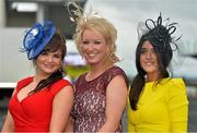1 August 2013; Niamh Nugent, left, Bronagh Grimes centre, and Ciara Munroe, all from Co. Tyrone, enjoying Ladies Day at the Galway Racing Festival, Ballybrit, Co. Galway. Picture credit: Barry Cregg / SPORTSFILE