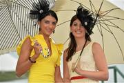 1 August 2013; Yvonne Rice, left, from Ballingarry, Co. Tipperary, and Sue Deering, from Castledermot, Co. Kildare, enjoying Ladies Day at the Galway Racing Festival, Ballybrit, Co. Galway. Picture credit: Barry Cregg / SPORTSFILE