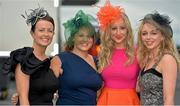1 August 2013; Aine Corcoran, left, with, from left to right, Ciara McElduff, Amy McCullagh and Meabhbha Ní Cheara, all from Co. Tyrone, enjoying Ladies Day at the Galway Racing Festival, Ballybrit, Co. Galway. Picture credit: Barry Cregg / SPORTSFILE