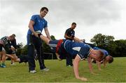 1 August 2013; Leinster's Tom Daly with Jordan Fitzpatrick, from Portarlington, Co. Laois, and Adam Byrne with Cathal Mahon, from Kildare Town, Co. Kildare, during the Leinster School of Excellence. The King's Hospital, Palmerstown, Dublin. Picture credit: Matt Browne / SPORTSFILE