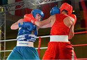 2 August 2013; Aaron McKenna, left, Ireland, exchanges punches with Artem Bulatov, Ukraine, during their 46kg bout. 2013 EUBC European Schoolboys Boxing Championships Semi-Finals, Citywest Hotel, Saggart, Co. Dublin. Picture credit: Barry Cregg / SPORTSFILE