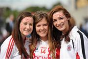 3 August 2013; Tyrone supporters, from left, Emma Clarke, from Greencastle, Katherine McCrory, from Omagh, and Joanna Barrett, from Drumrath, ahead of the game. GAA Football All-Ireland Senior Championship, Quarter-Final, Monaghan v Tyrone, Croke Park, Dublin. Picture credit: Stephen McCarthy / SPORTSFILE