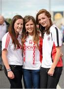 3 August 2013; Tyrone supporters, from left, Emma Clarke, from Greencastle, Katherine McCrory, from Omagh, and Joanna Barrett, from Drumrath, ahead of the game. GAA Football All-Ireland Senior Championship, Quarter-Final, Monaghan v Tyrone, Croke Park, Dublin. Picture credit: Stephen McCarthy / SPORTSFILE