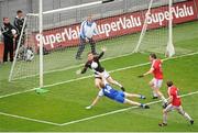 3 August 2013; Kieran Hughes, Monaghan, tries to control the ball in the Tyrone square, with Tyrone players, from left, Pascal McConnell, Conor Gormley and Dermot Carlin. GAA Football All-Ireland Senior Championship, Quarter-Final, Monaghan v Tyrone, Croke Park, Dublin. Picture credit: Dáire Brennan / SPORTSFILE