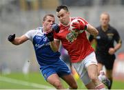 3 August 2013; Cathal McCarron, Tyrone, in action against Padraig Donaghy, Monaghan. GAA Football All-Ireland Senior Championship, Quarter-Final, Monaghan v Tyrone, Croke Park, Dublin. Picture credit: Oliver McVeigh / SPORTSFILE