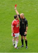 3 August 2013; Martin Penrose, Tyrone, gets a red card from referee Cormac Reilly. GAA Football All-Ireland Senior Championship, Quarter-Final, Monaghan v Tyrone, Croke Park, Dublin. Picture credit: Dáire Brennan / SPORTSFILE