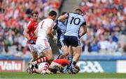 3 August 2013; Paul Flynn, 10, and Bernard Brogan, Dublin, both attempt to shoot on goal as Cork's Michael Shields gains possession. GAA Football All-Ireland Senior Championship, Quarter-Final, Dublin v Cork, Croke Park, Dublin. Picture credit: Stephen McCarthy / SPORTSFILE