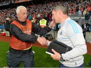 3 August 2013; Cork manager Conor Counihan and Dublin manager Jim Gavin shake hands at the final whistle. GAA Football All-Ireland Senior Championship, Quarter-Final, Dublin v Cork, Croke Park, Dublin. Picture credit: Oliver McVeigh / SPORTSFILE