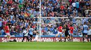 3 August 2013; Dublin supporters in the Davin Stand look on as a shot by Bernard Brogan hits the butt of the goal post and ultimately bounces back into play. GAA Football All-Ireland Senior Championship, Quarter-Final, Dublin v Cork, Croke Park, Dublin. Picture credit: Ray McManus / SPORTSFILE