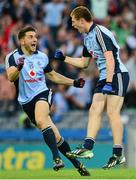 3 August 2013; Jack McCaffrey of Dublin celebrates with team-mate Bernard Brogan after scoring the only goal in the GAA Football All-Ireland Senior Championship Quarter-Final match between Dublin and Cork at Croke Park in Dublin. Photo by Ray McManus/Sportsfile