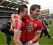 3 August 2013; Conor Clarke and Conan Grugan, right, Tyrone, celebrate after the game. GAA Football All-Ireland Senior Championship, Quarter-Final, Monaghan v Tyrone, Croke Park, Dublin. Picture credit: Oliver McVeigh / SPORTSFILE