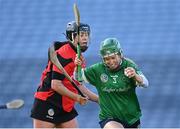 6 March 2022; Laura Ward of Sarsfields in action against Una Leacy of Oulart the Ballagh during the 2021 AIB All-Ireland Senior Camogie Club Championship Final between Oulart the Ballagh, Wexford, and Sarsfields, Galway, at Croke Park in Dublin.  Photo by Piaras Ó Mídheach/Sportsfile