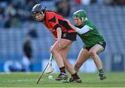 6 March 2022; Una Leacy of Oulart the Ballagh in action against Laura Ward of Sarsfields during the 2021 AIB All-Ireland Senior Camogie Club Championship Final between Oulart the Ballagh, Wexford, and Sarsfields, Galway, at Croke Park in Dublin.  Photo by Piaras Ó Mídheach/Sportsfile