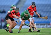 6 March 2022; Laura Ward of Sarsfields in action against Leanne Nolan, left, and Una Leacy of Oulart the Ballagh during the 2021 AIB All-Ireland Senior Camogie Club Championship Final between Oulart the Ballagh, Wexford, and Sarsfields, Galway, at Croke Park in Dublin.  Photo by Piaras Ó Mídheach/Sportsfile