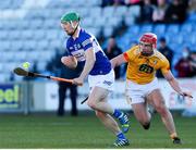 6 March 2022; Ross King of Laois in action against Michael Bradley of Antrim during the Allianz Hurling League Division 1 Group B match between Laois and Antrim at MW Hire O'Moore Park in Portlaoise, Laois. Photo by Michael P Ryan/Sportsfile