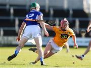 6 March 2022; Daniel McKernan of Antrim in action against Ross King of Laois during the Allianz Hurling League Division 1 Group B match between Laois and Antrim at MW Hire O'Moore Park in Portlaoise, Laois. Photo by Michael P Ryan/Sportsfile