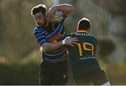 6 March 2022; Sean O'Corcora of Wexford Wanderers is tackled by Cathal Greene of Boyne during the Bank of Ireland Leinster Rugby Provincial Towns Cup 1st Round match between Wexford Wanderers RFC and Boyne RFC at Wexford Wanderers RFC in Wexford. Photo by Harry Murphy/Sportsfile