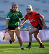 6 March 2022; Orlaith McGrath of Sarsfields in action against Miria O'Dowd of Oulart the Ballagh during the 2021 AIB All-Ireland Senior Camogie Club Championship Final between Oulart the Ballagh, Wexford, and Sarsfields, Galway, at Croke Park in Dublin.  Photo by Piaras Ó Mídheach/Sportsfile