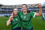 6 March 2022; Cora Kenny and Sheena Warde of Sarsfields celebrate after the AIB All-Ireland Senior Camogie Club Championship Final between Oulart the Ballagh, Wexford and Sarsfields, Galway at Croke Park in Dublin. Photo by Piaras Ó Mídheach/Sportsfile