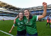 6 March 2022; Cora Kenny and Sheena Warde of Sarsfields celebrate after the AIB All-Ireland Senior Camogie Club Championship Final between Oulart the Ballagh, Wexford and Sarsfields, Galway at Croke Park in Dublin. Photo by Piaras Ó Mídheach/Sportsfile