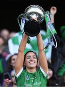 6 March 2022; Sarsfields captain Niamh McGrath lifts the Bill and Agnes Carroll cup after the AIB All-Ireland Senior Camogie Club Championship Final between Oulart the Ballagh, Wexford and Sarsfields, Galway at Croke Park in Dublin. Photo by Piaras Ó Mídheach/Sportsfile
